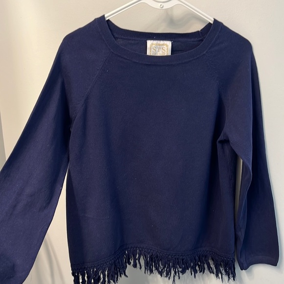 Sail to Sable Sweaters - Navy blue lightweight sweater with fringe bottom trim.
